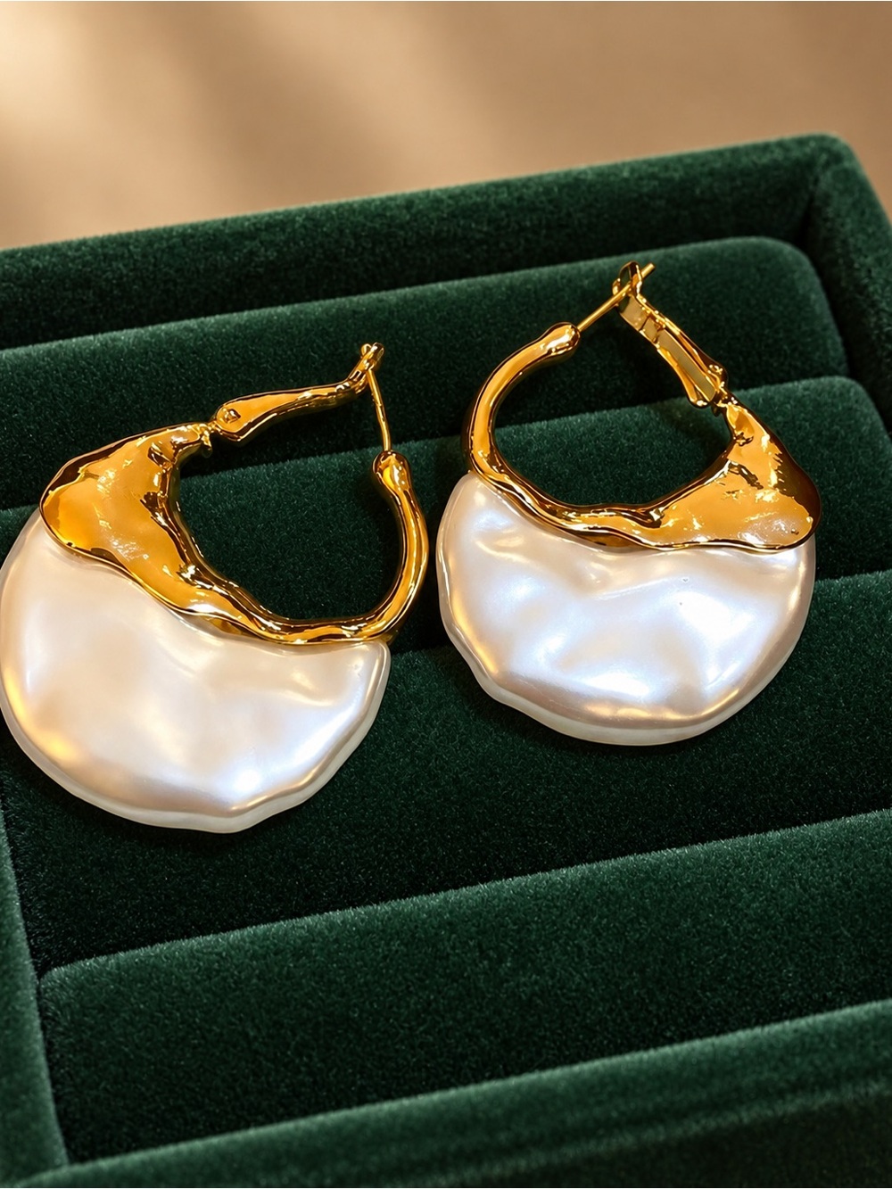 Anthropologie Gold Hoop Earrings with Irregular White Pearl Drops